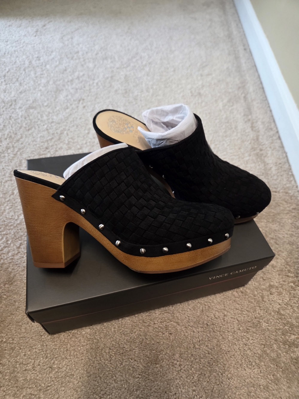 Vince Camuto Cindell Black Woven Suede Platform Clogs